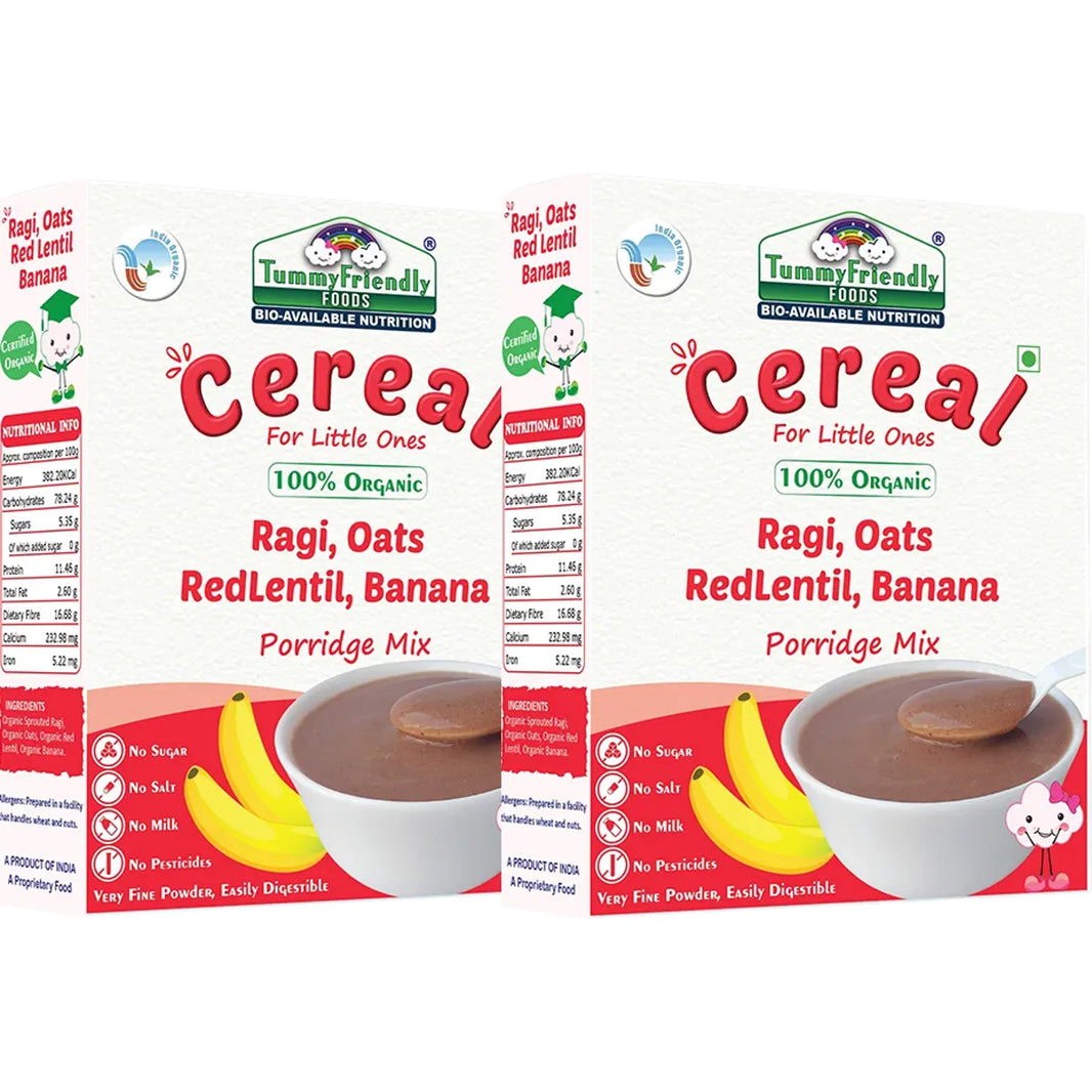 TummyFriendly Foods Certified 100% Organic Sprouted Ragi, Oats, Red Lentil, Banana Porridge Mix , 200g Each, (400 g, Pack of 2) - EarthBased 