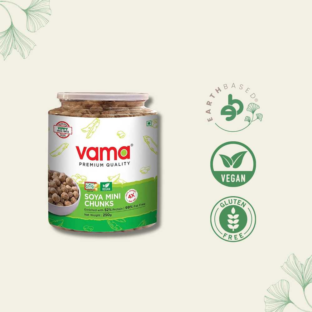 Vama SOYA Wadi Mini Chunks Enriched with 52% Protein and 99% Fat Free 250g - EarthBased 