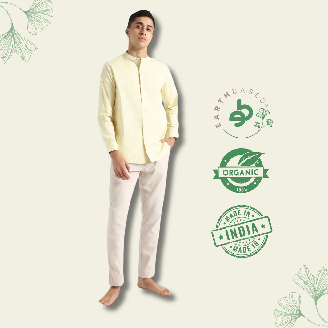 Organic Cotton & Naturally Dyed Mens Round Neck Lemon Yellow Shirt by Livbio - EarthBased 