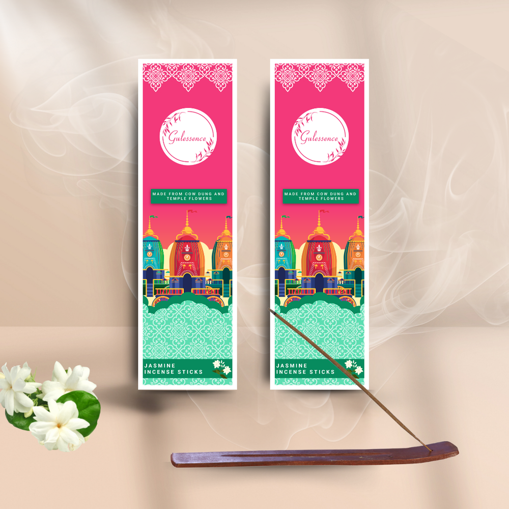Jasmine Incense Sticks With Free Incense Holder | Made from Cow dung & Temple Flower | Gulessence | Pack of 2 - EarthBased 
