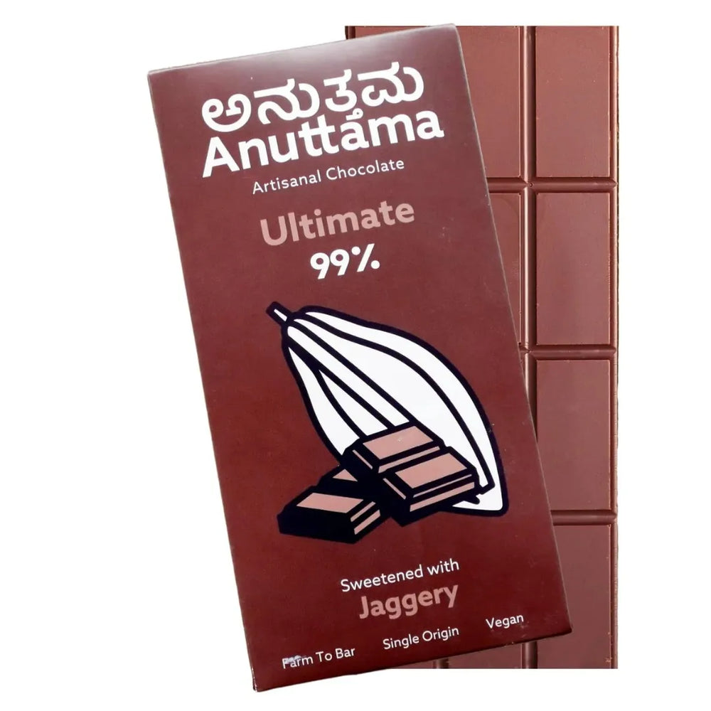 Anuttama 99% cocoa dark chocolate bar, jaggery sweetened, pack of 2