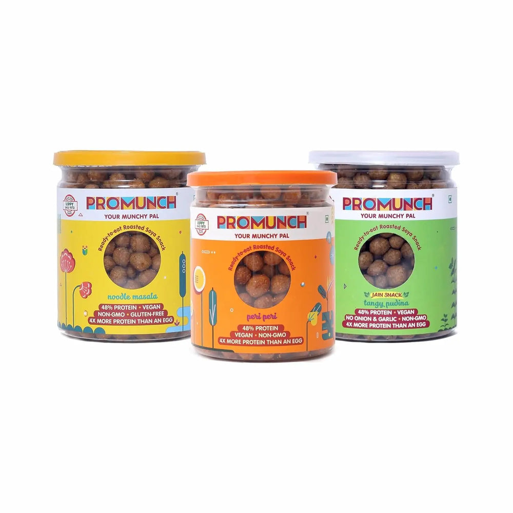 PROMUNCH Soya Snack |Gluten-FreePack of 3 Flavour: Noodle MasalaTangy Pudina & CheeseOnion -150G - EarthBased 