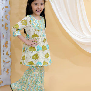 Kid’s Girls Pure Cotton Jaipur Block Printed Indian Ethnic Festive Party Wear Suit Sets | Green - EarthBased 