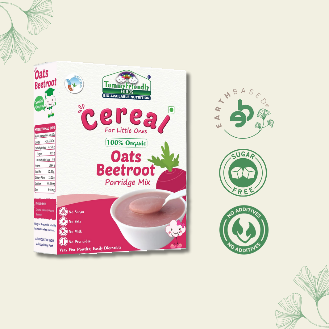 TummyFriendly Foods Certified 100% Organic Oats, Beetroot Porridge Mix | Organic Baby Food for 6 Months Old | Rich in Beta-Glucan, Protein & Fibre| 200g Cereal (200 g) - EarthBased 