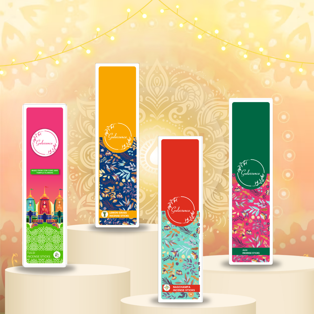Gulessence Tulsi, Lemongrass, Nagchampa, Juhi Incense Sticks | Pack of 4 With Free Incense Holder (40 Units Each Fragrance) - EarthBased 
