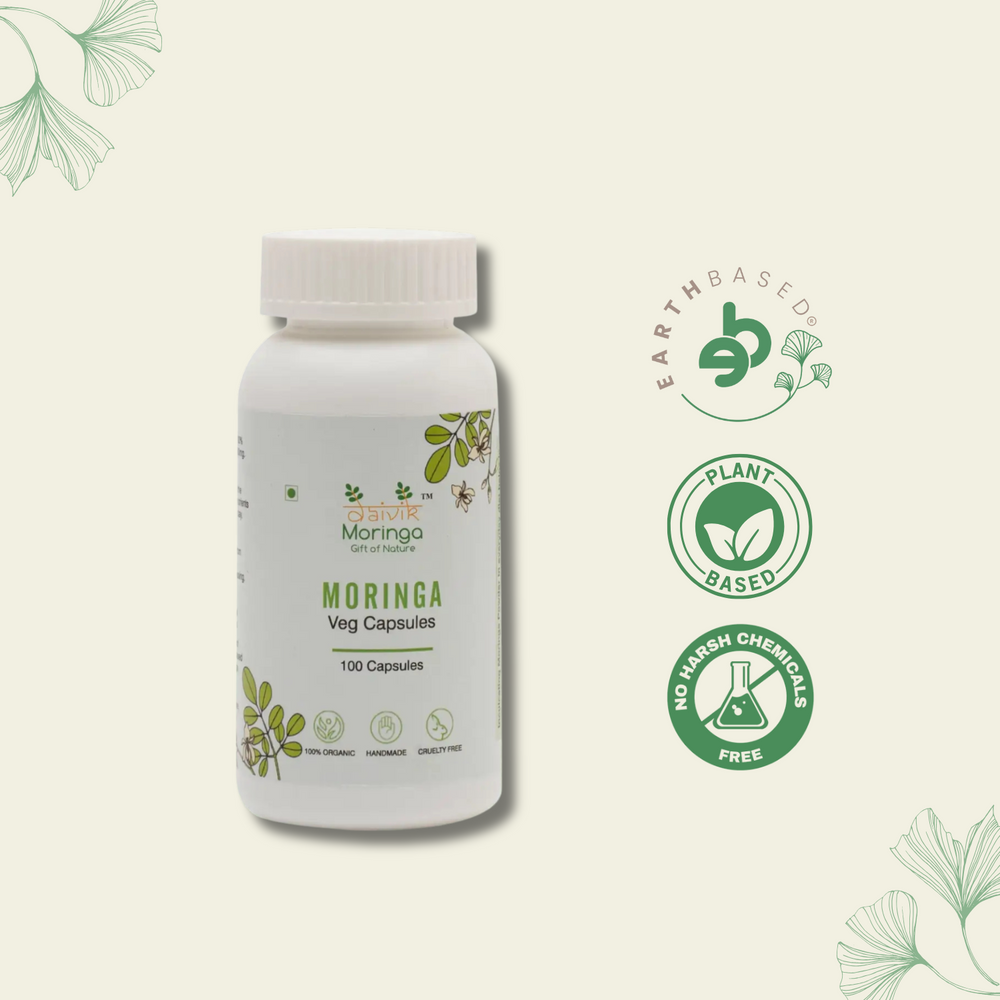 Daivik Moringa Veg Capsules | 100% Natural | Immunity Booster, Anti Aging, Anti Oxidant | 100 Caps Each - EarthBased 