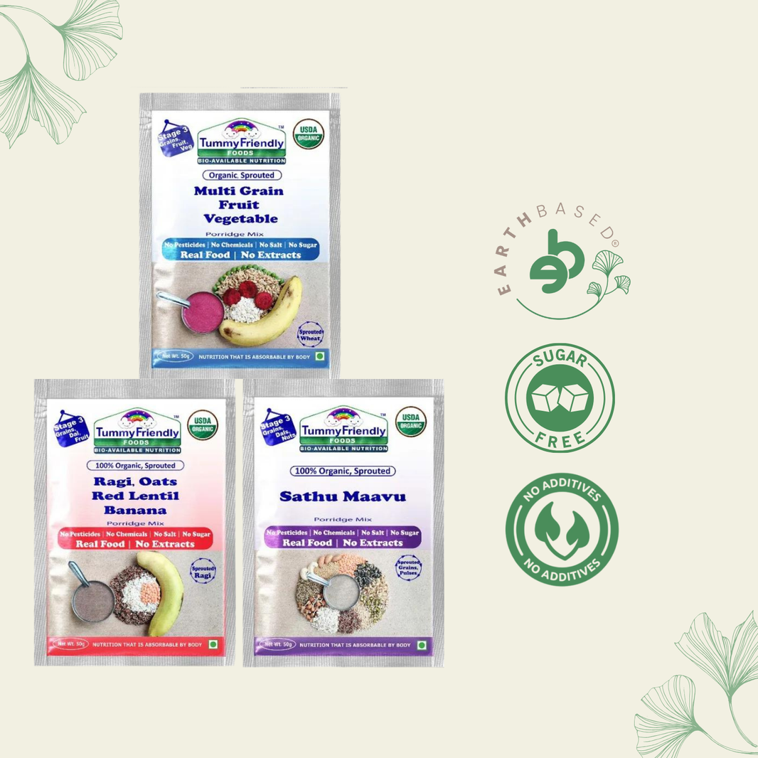TummyFriendly Foods Certified Stage3 Porridge Mixes Trial Packs - Ragi, Sathu Maavu, MultiGrain | Organic Baby Food for 8 Months Old Baby |3 Packs, 50g Each Cereal (150 g, Pack of 3) - EarthBased 