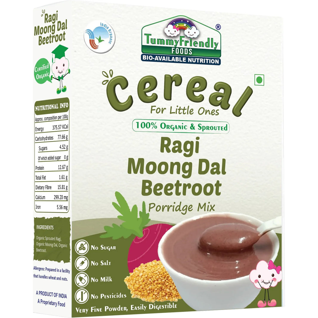 TummyFriendly Foods Certified 100% Organic Sprouted Ragi, Moong Dal, Beetroot Porridge Mix | Organic Baby Food for 6 Months Old | Made of Sprouted Ragi for Baby |Rich in Calcium, Iron, Fibre & Micro-Nutrients (2 x 200 g) - EarthBased 