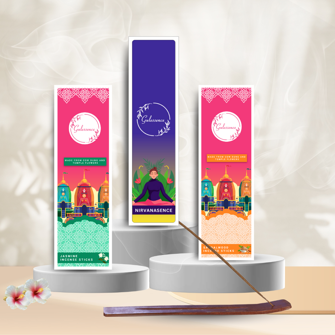 Gulessence  Sandal, Jasmine ,Nirvanasence Incense Sticks with Free Incense Holder | Pack of 3 (40 Incense Sticks Each Box) - EarthBased 