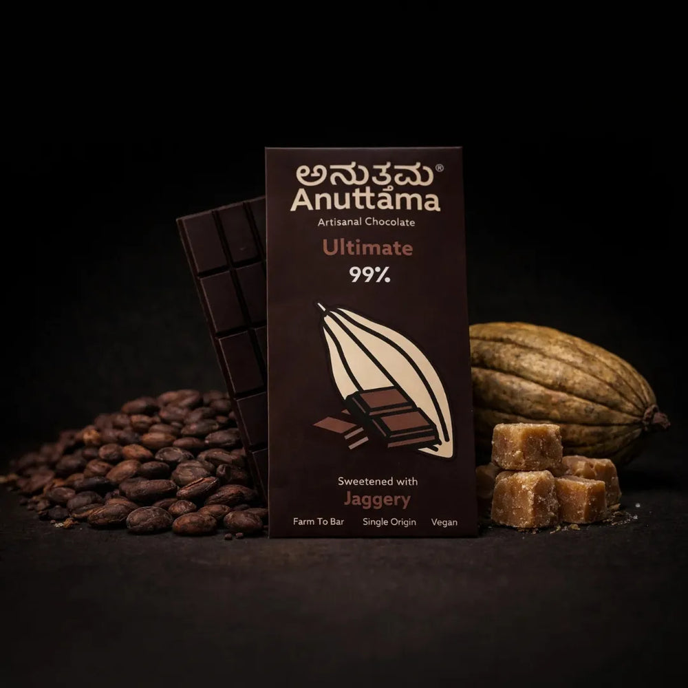 Handcrafted 99% dark chocolate bar unwrapped, Dakshina Kannada cocoa