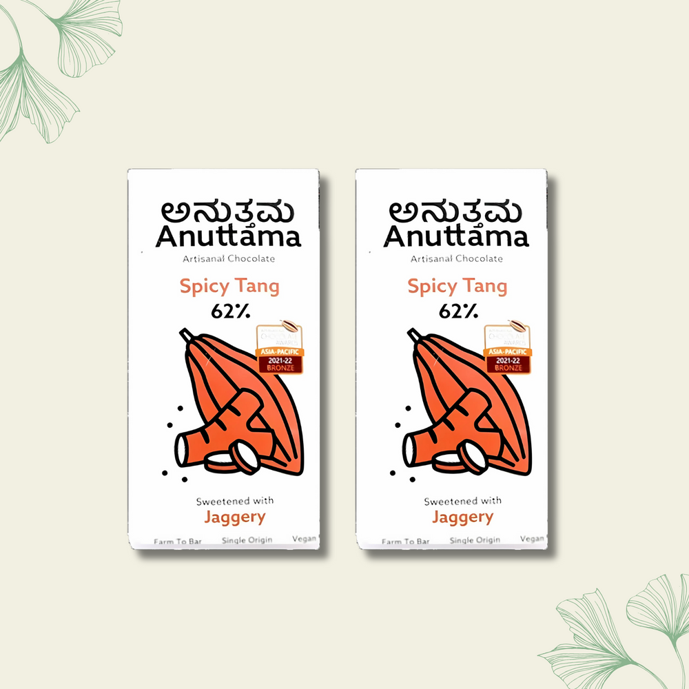 ANUTTAMA | Dark Chocolate 62% Cocoa | Spicy Tang Bar | Gluten Free | Natural Chocolate | Sugar Free | Jaggery Sweetened | Dried Ginger & Pepper | Handmade Chocolates Bar - EarthBased 