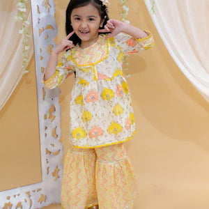 Kid’s Girls Pure Cotton Jaipur Block Printed Indian Ethnic Festive Party Wear Suit Sets | Yellow - EarthBased 