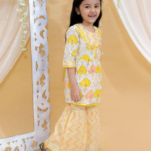 Kid’s Girls Pure Cotton Jaipur Block Printed Indian Ethnic Festive Party Wear Suit Sets | Yellow - EarthBased 