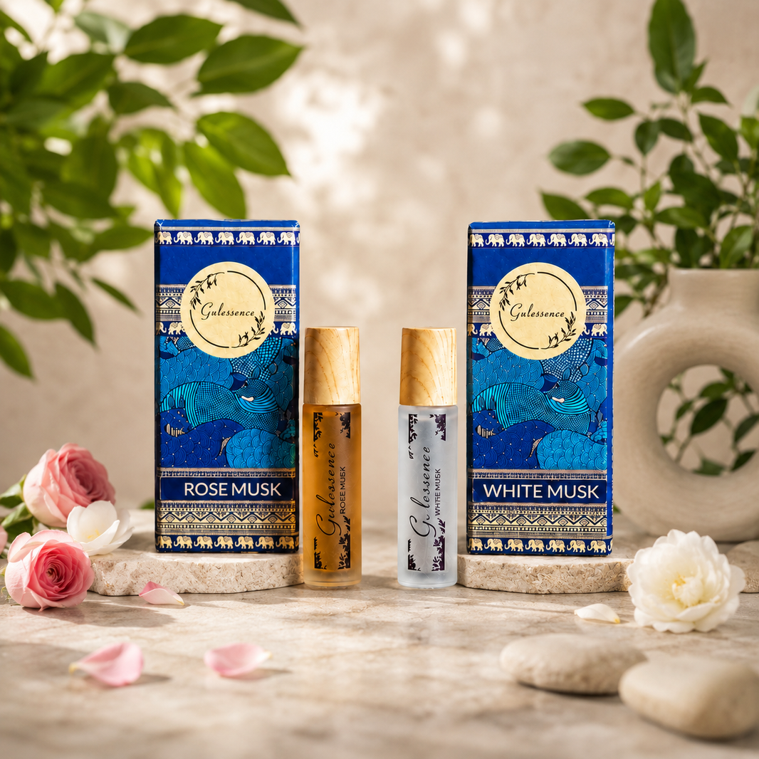 White Musk & Rose Musk Roll-On Attar Combo – Alcohol-Free Unisex Perfume Oil | Gulessence