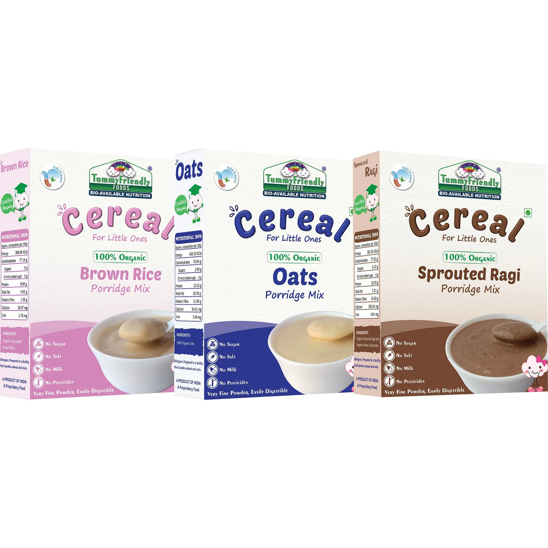 TummyFriendly Foods Certified Organic Stage1 Sprouted Porridge Mixes Combo Pack| Sprouted Ragi, Sprouted Brown Rice and Oats | 200g Each, Cereal (600 g, Pack of 3) - EarthBased 