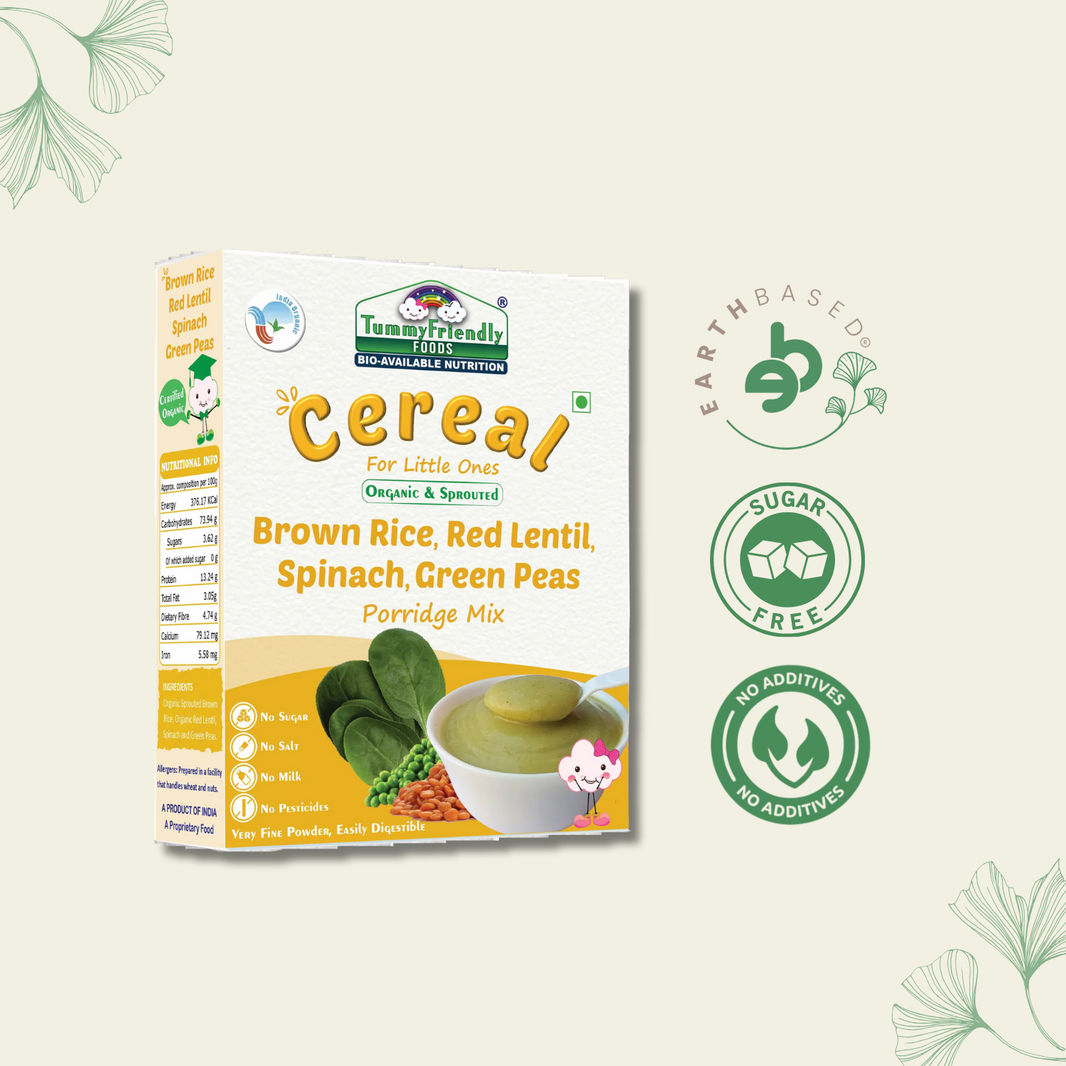 TummyFriendly Foods Certified Organic Sprouted Brown Rice, Red Lentil, Spinach, Green Peas Porridge Mix | Excellent Weight Gain Baby Food| Made of Sprouted Brown Rice | 200g Cereal (200 g) - EarthBased 