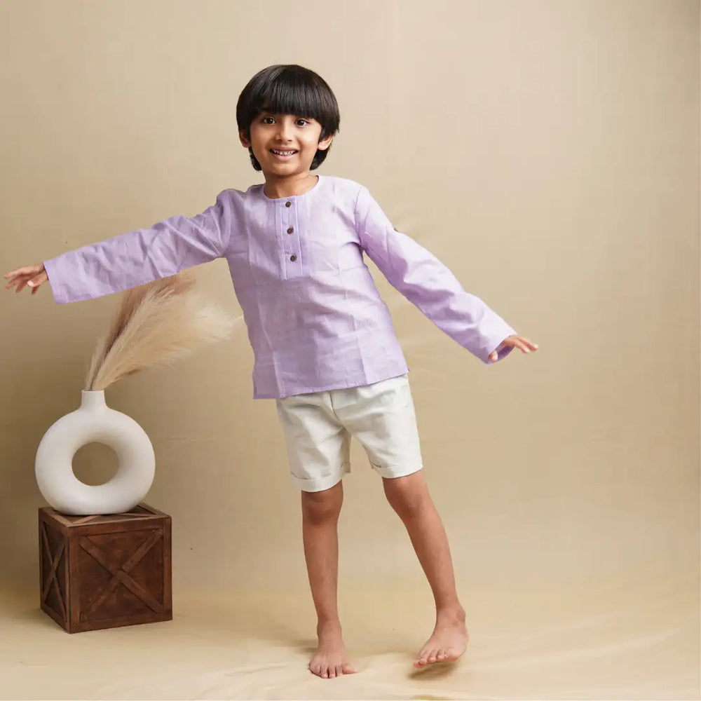 Earthy Wanderer' - Boys' Set with Full Sleeve Button-down Shirt and Shorts - EarthBased 