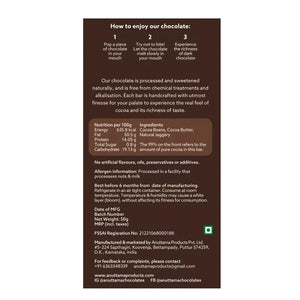 Anuttama dark chocolate nutrition label showing 0.8g sugar per 100g