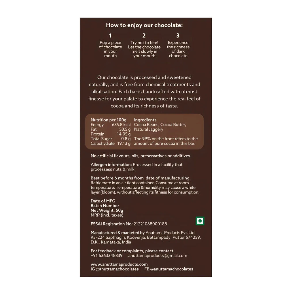 Anuttama dark chocolate nutrition label showing 0.8g sugar per 100g