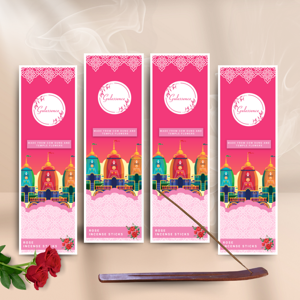 Rose Incense Sticks With Free Incense Holder| Made from Cowdung & Temple Flowers | Gulessence - EarthBased 