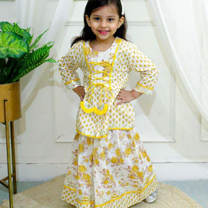 Kid’s Girls Pure Cotton Jaipur Block Printed Indian Ethnic Festive Party Wear Peplum Dori Suit Sets | Yellow - EarthBased 