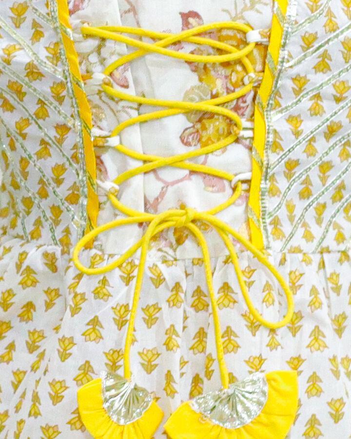 Kid’s Girls Pure Cotton Jaipur Block Printed Indian Ethnic Festive Party Wear Peplum Dori Suit Sets | Yellow - EarthBased 