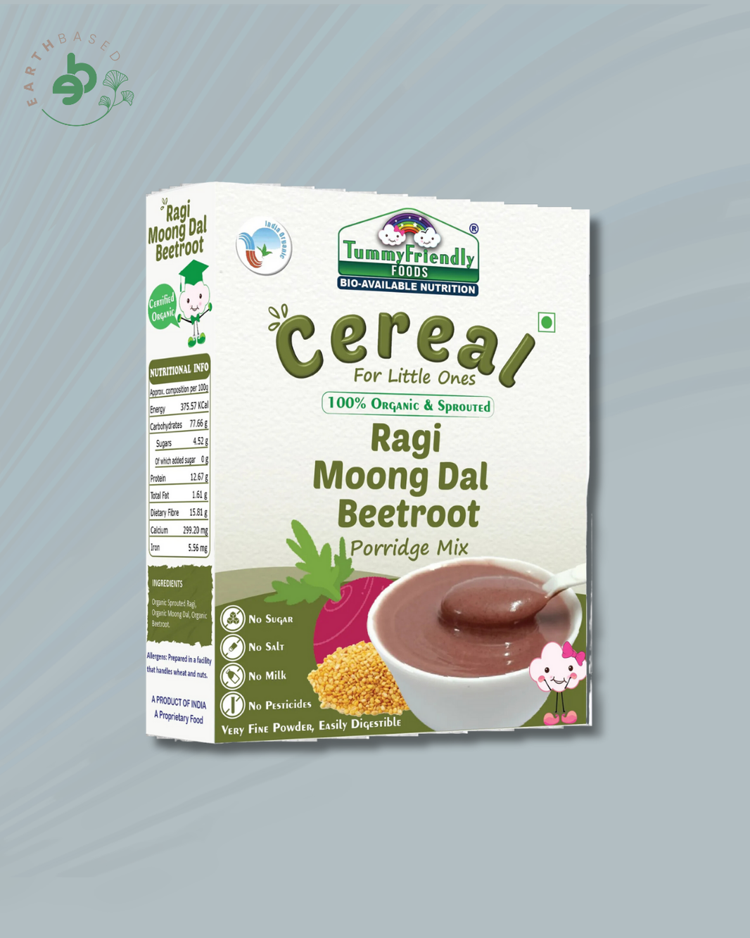 TummyFriendly Foods Certified 100% Organic Sprouted Ragi, Moong Dal, Beetroot Porridge Mix | Organic Baby Food for 6 Months Old | Made of Sprouted Ragi for Baby |Rich in Calcium, Iron, Fibre & Micro-Nutrients (200 g) - EarthBased 