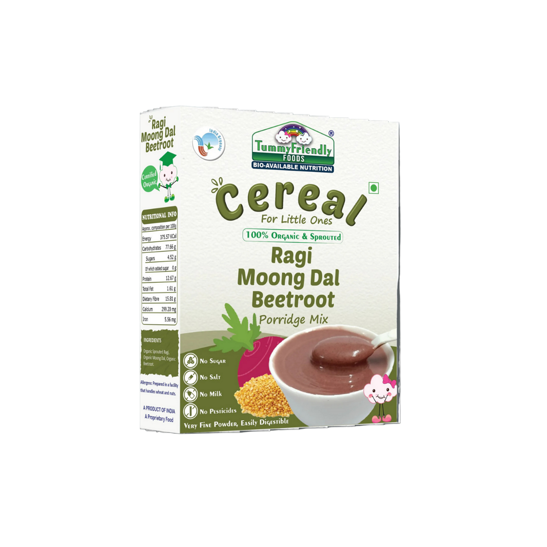 TummyFriendly Foods Certified 100% Organic Sprouted Ragi, Moong Dal, Beetroot Porridge Mix | Organic Baby Food for 6 Months Old | Made of Sprouted Ragi for Baby |Rich in Calcium, Iron, Fibre & Micro-Nutrients (2 x 200 g) - EarthBased 