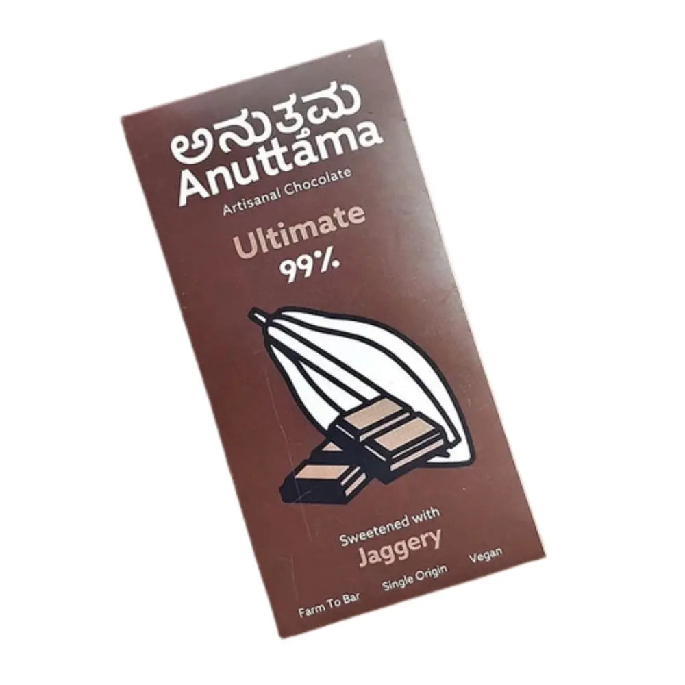 Anuttama 99% cocoa chocolate pack back with ingredients and FSSAI details