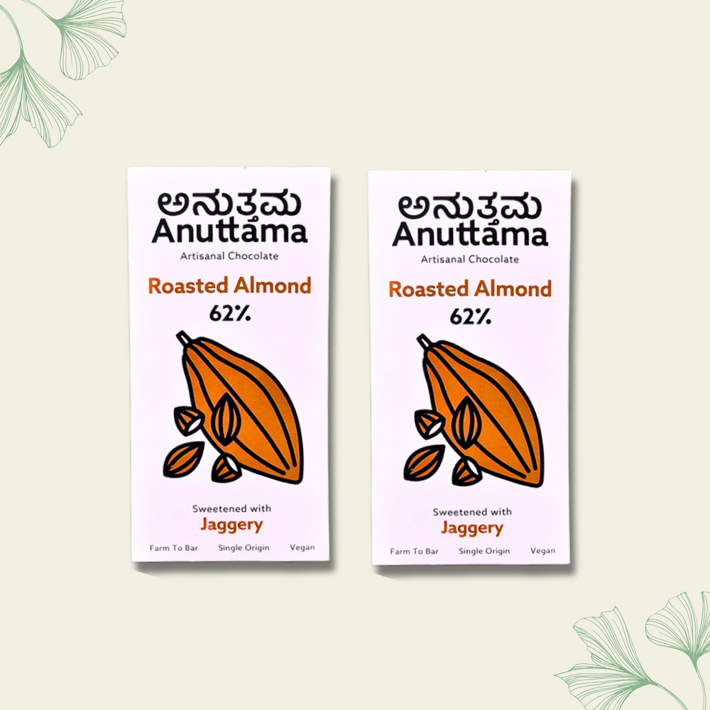 Anuttama | Roasted Almond Chocolate | 62% Cocoa , Gifts Box, Vegan Chocolate, Gift Hamper, Sugar Free, No Artificial Flavours, Lectin Free, Natural Chocolate Bar - EarthBased 