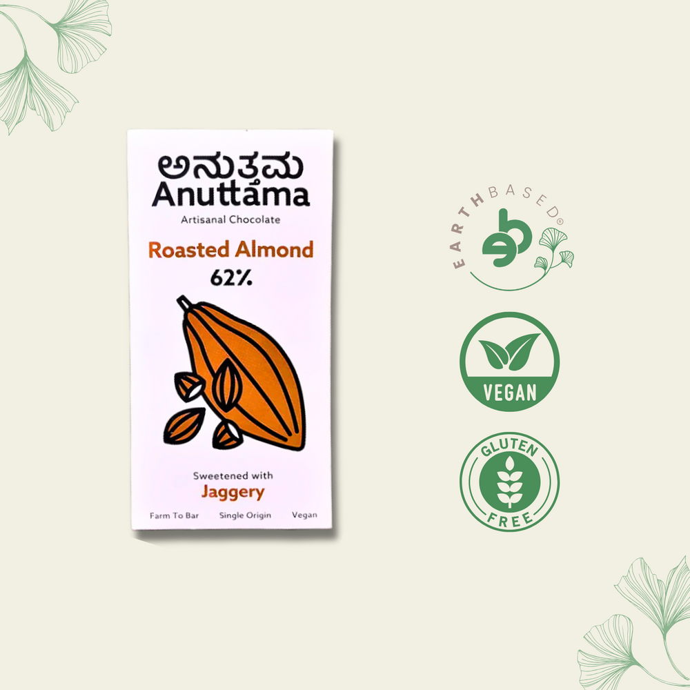 Anuttama | Roasted Almond Chocolate | 62% Cocoa , Gifts Box, Vegan Chocolate, Gift Hamper, Sugar Free, No Artificial Flavours, Lectin Free, Natural Chocolate Bar - EarthBased 