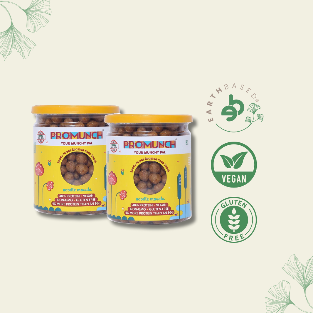 PROMUNCH Roasted SOYA Snack | Vegan |Gluten-Free | Pack of 2 Flavour: Noodle Masala 150 g Each - EarthBased 