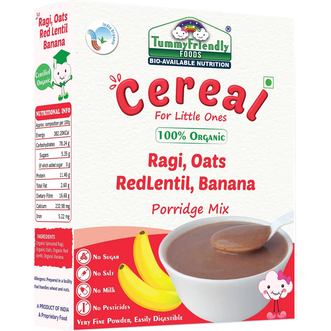 TummyFriendly Foods Certified 100% Organic Sprouted Ragi, Oats, Red Lentil, Banana Porridge Mix | Made of Sprouted Whole Grain Ragi, Oats | Rich in Calcium, Iron, Fibre & Micro-Nutrients |200g Cereal (200 g) - EarthBased 