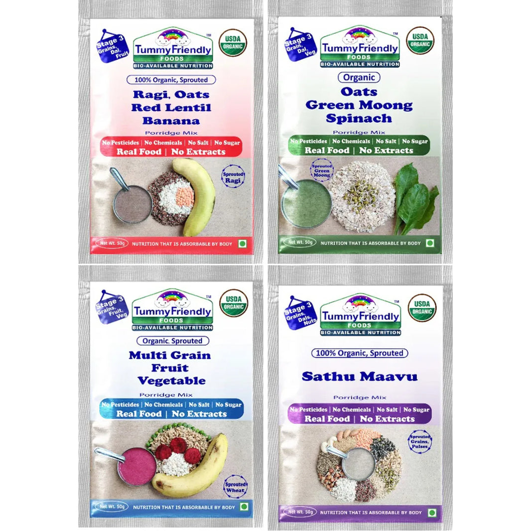 TummyFriendly Foods Certified Stage3 Porridge Mixes Trial Packs - Ragi, MultiGrain, Oats, Sathu Maavu | Organic Baby Food for 8 Months Old Baby |4 Packs, 50g Each Cereal (200 g, 2 x Pack of 4) - EarthBased 