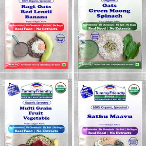 TummyFriendly Foods Certified Stage3 Porridge Mixes Trial Packs - Ragi, MultiGrain, Oats, Sathu Maavu | Organic Baby Food for 8 Months Old Baby |4 Packs, 50g Each Cereal (200 g, Pack of 4) - EarthBased 