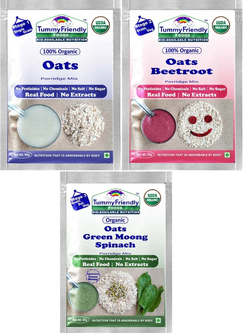 TummyFriendly Foods Certified Oats Porridge Mixes - Stage1, Stage2, Stage3 | Rich in Beta-Glucan, Protein & Fibre|3 Packs, 50g Each Cereal (150 g, Pack of 3) - EarthBased 