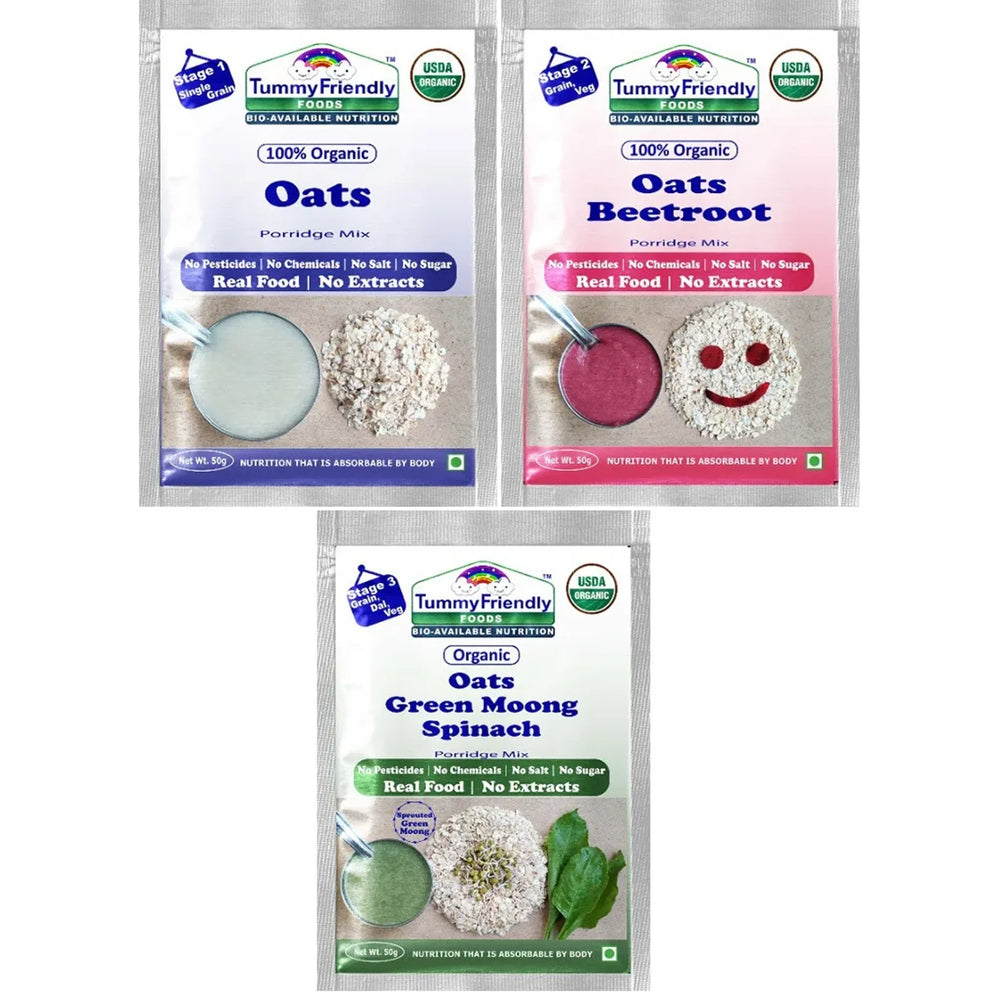 TummyFriendly Foods Certified Oats Porridge Mixes - Stage1, Stage2, Stage3 | Rich in Beta-Glucan, Protein & Fibre|3 Packs, 50g Each Cereal (150 g, 2 x Pack of 3) - EarthBased 