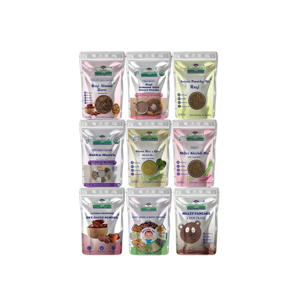 TummyFriendly Foods CertifiedOrganic Baby Food For Toddlers 1+ Year, Dry Fruits Powder for Baby Kids Cereal (500 g, Pack of 9, 12+ Months) - EarthBased 