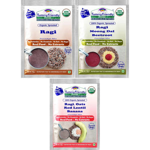 TummyFriendly Foods Certified Ragi Porridge Mixes - Stage1, Stage2, Stage3 | Rich in Calcium, Iron, Fibre & Micro-Nutrients |3 Packs, 50g Each Cereal (150 g, 2 x Pack of 3) - EarthBased 