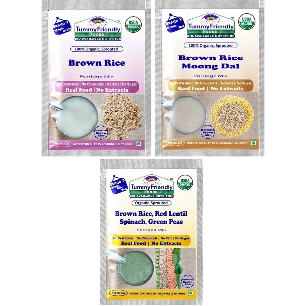 TummyFriendly Foods Certified Brown Rice Porridge Mixes - Stage1, Stage2, Stage3 | Rich in Gamma-Aminobutyric Acid (GABA), Protein |3 Packs, 50g Each Cereal (150 g, 2 x Pack of 3) - EarthBased 
