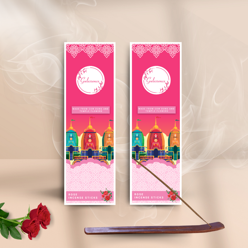 Rose Incense Sticks With Free Incense Holder| Made from Cowdung & Temple Flowers | Gulessence - EarthBased 