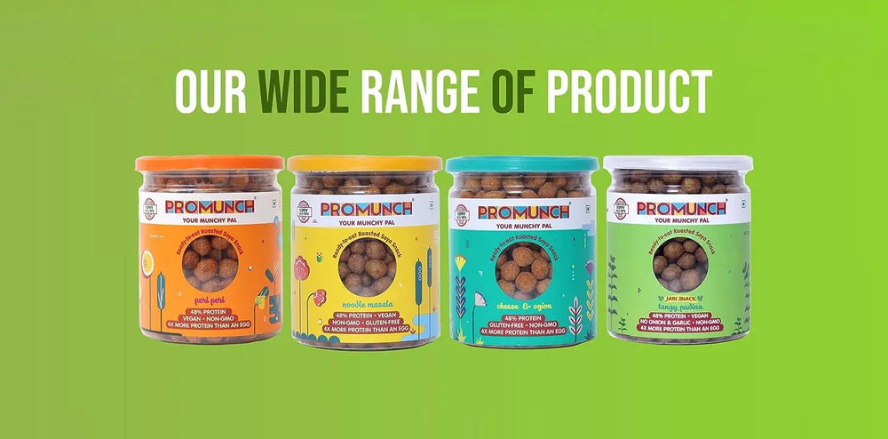PROMUNCH Soya Snack |Gluten-FreePack of 3 Flavour: Noodle MasalaTangy Pudina & CheeseOnion -150G - EarthBased 