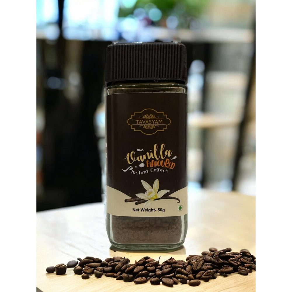 Tavasyam vanilla instant coffee 50g jar lifestyle shot
