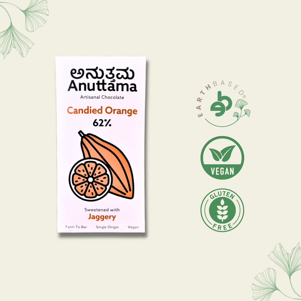 Candied Orange | 62% Cocoa | Sweetened with Jaggery | by Anuttama - EarthBased 
