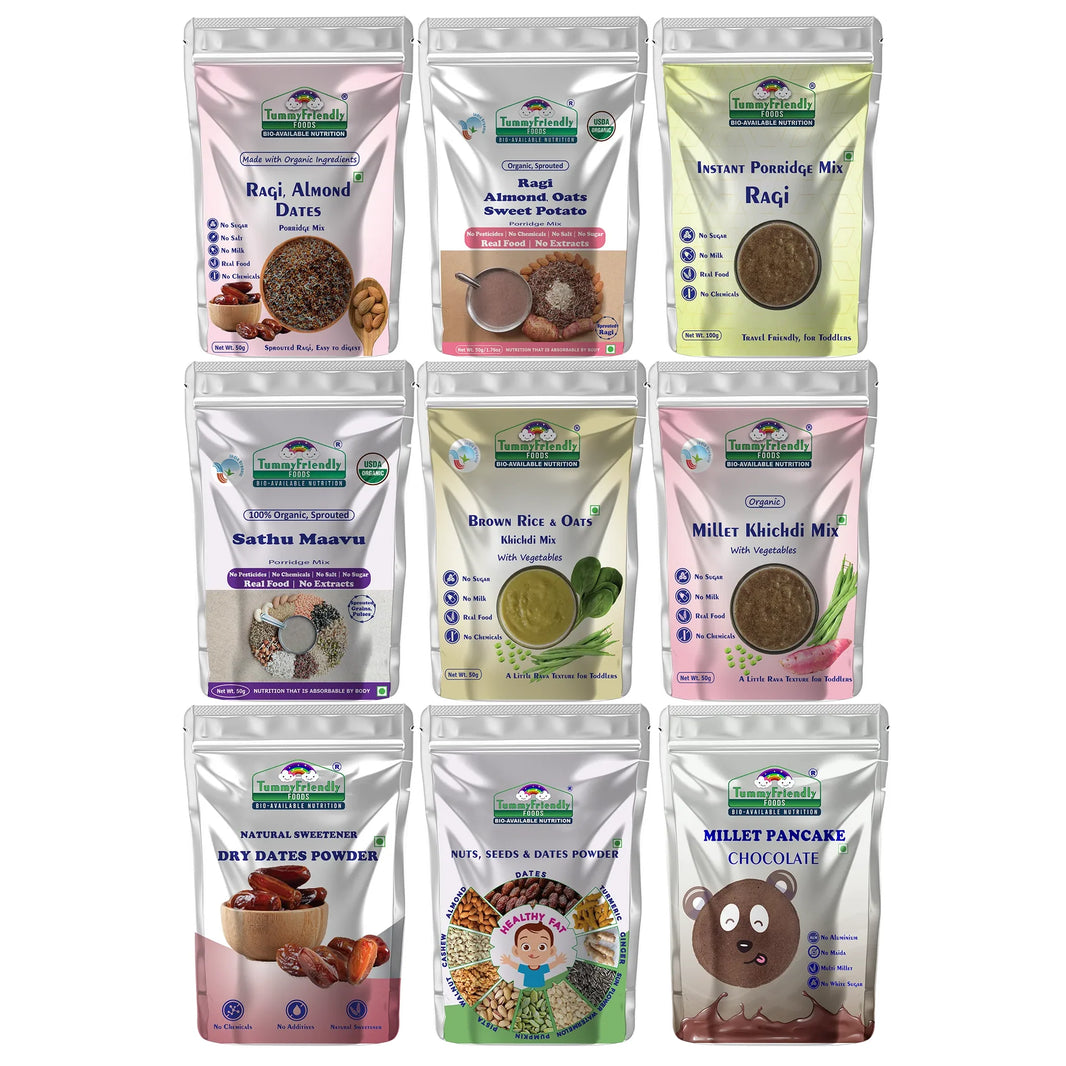 TummyFriendly Foods CertifiedOrganic Baby Food For Toddlers 1+ Year, Dry Fruits Powder for Baby Kids Cereal (500 g, Pack of 9, 12+ Months) - EarthBased 