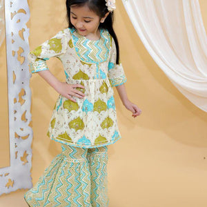 Kid’s Girls Pure Cotton Jaipur Block Printed Indian Ethnic Festive Party Wear Suit Sets | Green - EarthBased 