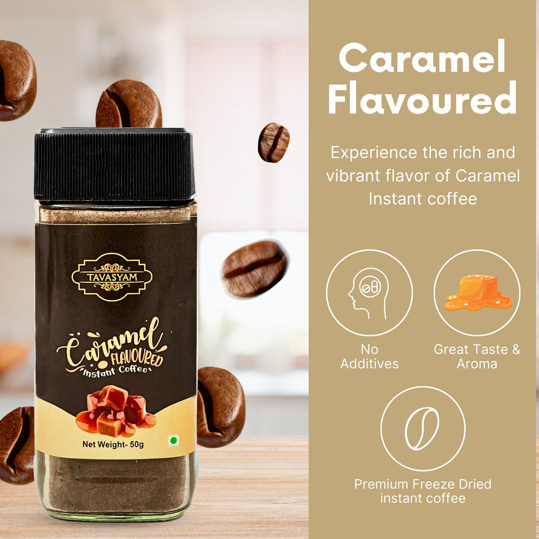 TAVASYAM Caramel Instant & Pure Coffee Jar, 50g, Freeze-Dried, Rich & Strong, Specially Sources Arabica bean | 25 Servings