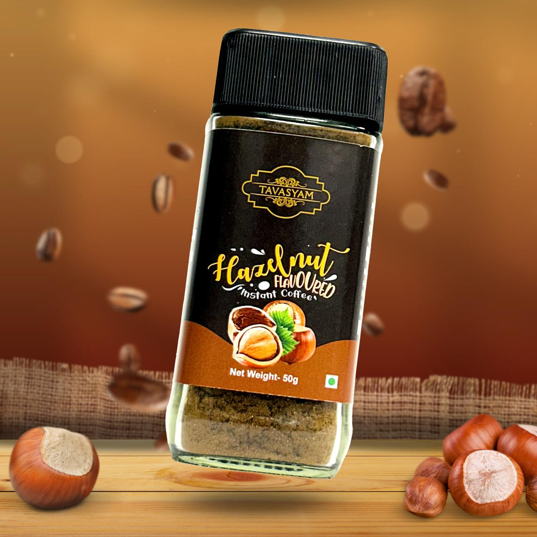 TAVASYAM Coffee Powder Jar 50gms | Hazelnut Flavour | Flavoured Coffee for both Hot & Cold Coffee | Premium Coffee | Make Espresso, Latte & Cappucino | 25 Servings approx