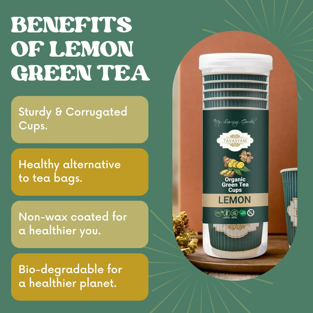TAVASYAM Ready to Sip Lemon Flavour Green Tea Cup | Green Tea for Weight Loss | Vegan, Gluten Free & Sugar Free | Lemon Flavour | Whole Leaf Teas | Pre-Filled Tea Cups 200ml | Tea Cups Set of 12 - EarthBased 