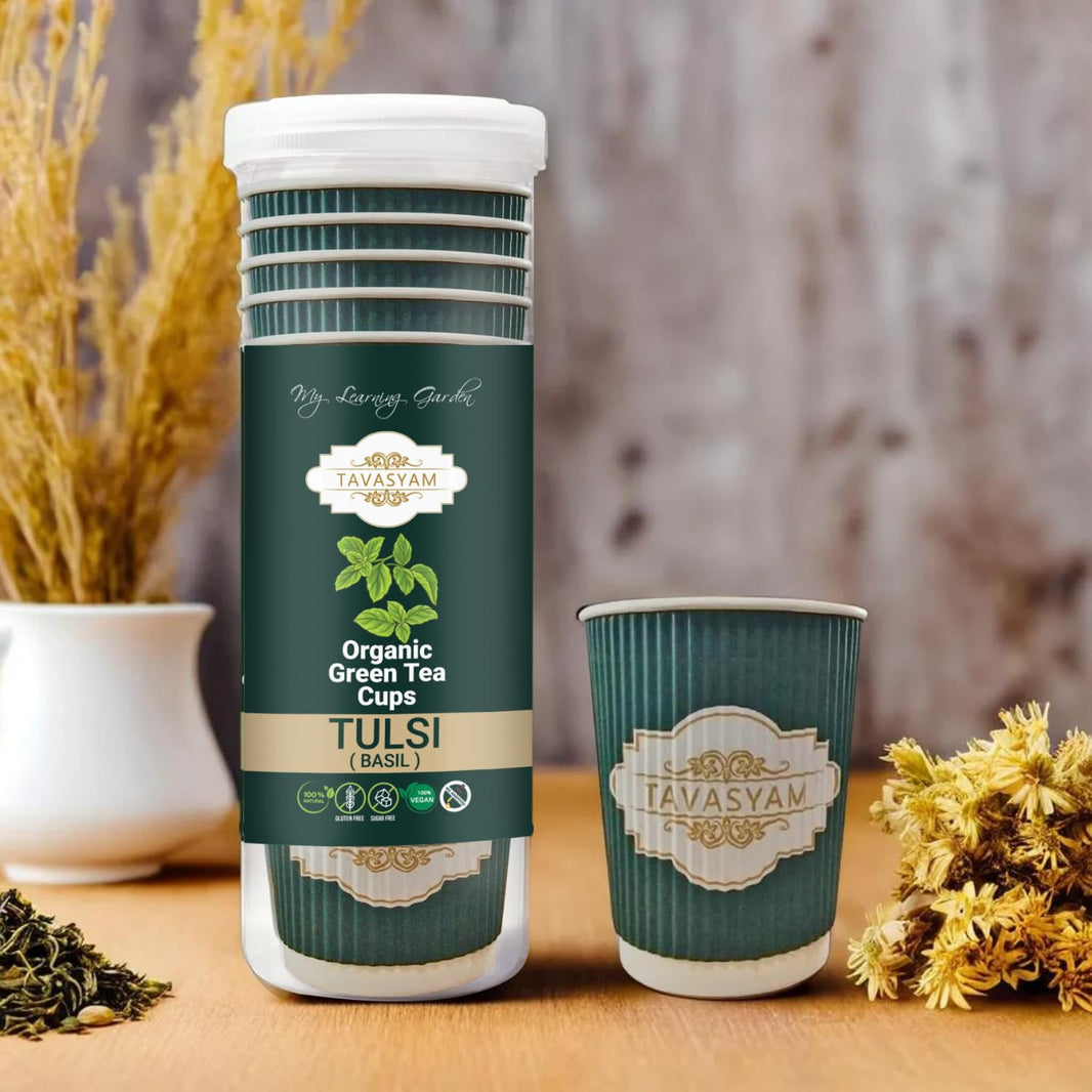 TAVASYAM Ready to Sip Tulsi Flavour Green Tea Cup | Green Tea for Weight Loss | Vegan, Gluten Free & Sugar Free | Tulsi Flavour | Whole Leaf Teas | Pre-Filled Tea Cups 200ml | Tea Cups Set of 12 - EarthBased 